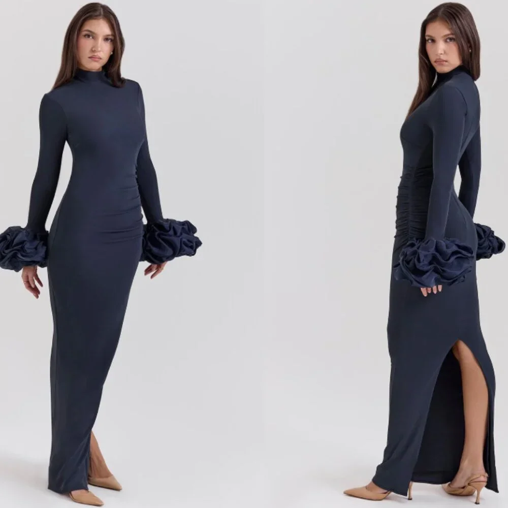 HOUSE OF CB 'Fabienne' Midnight Ruffle Sleeve Maxi Dress NWOT - Picture 4 of 9